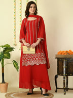 Myshka Women's Red Georgette Kurta & Skirt With Dupatta Party Sets