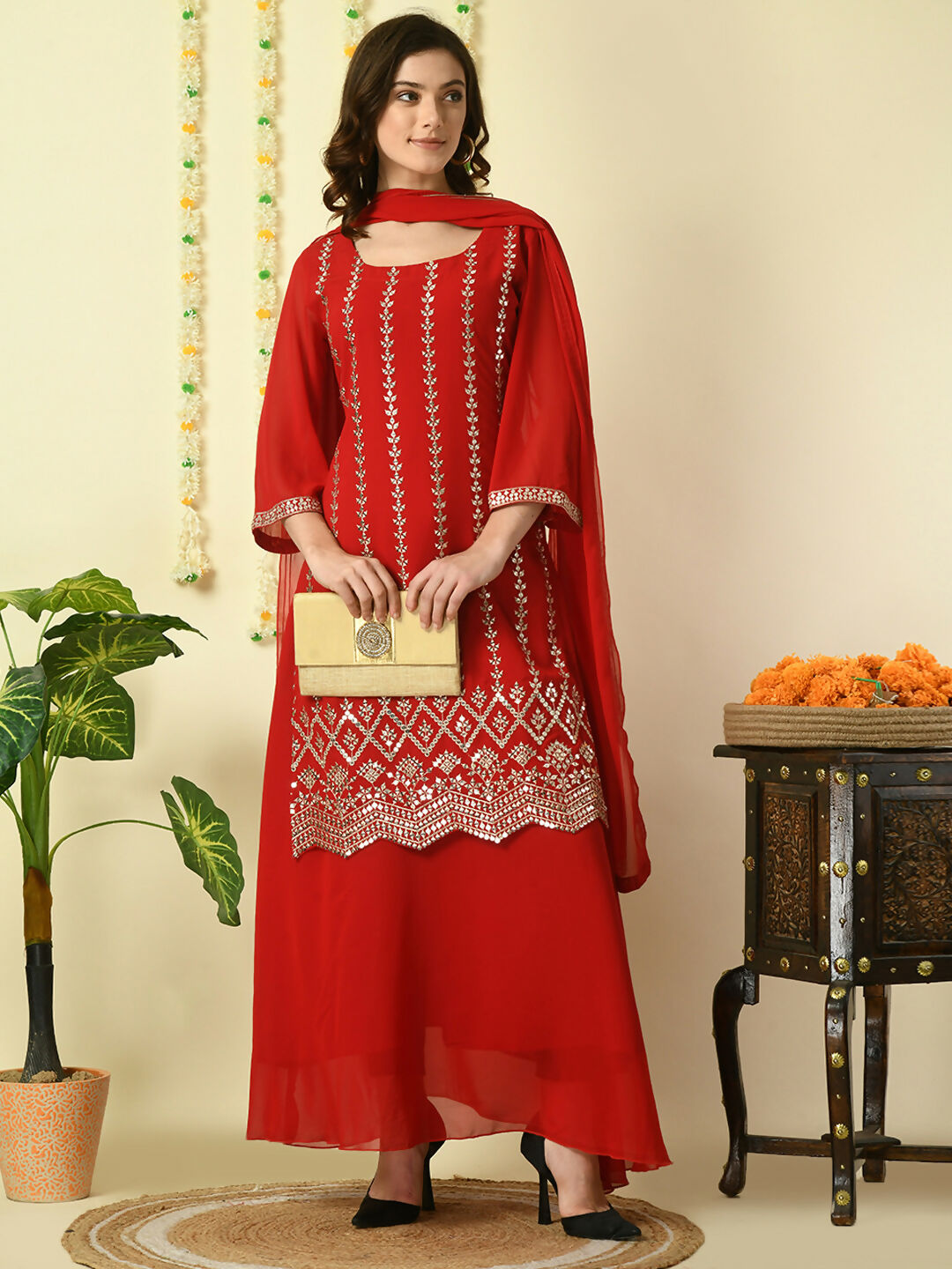 Myshka Women's Red Georgette Kurta & Skirt With Dupatta Party Sets