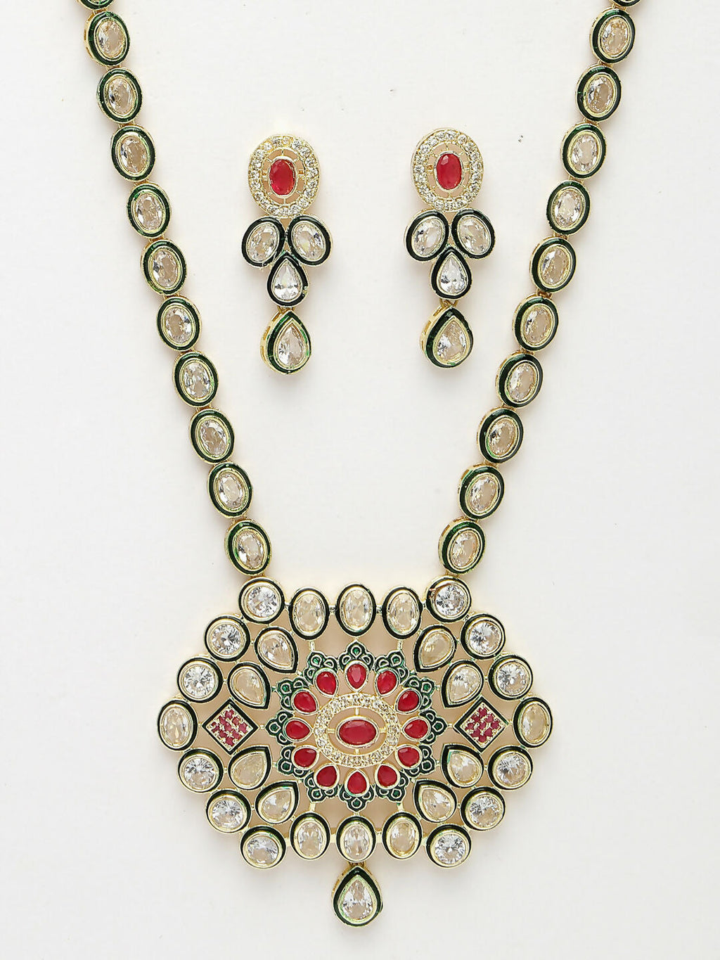 NVR Women's Red & Gold Kundan Studded Handcrafted Jewellery Set