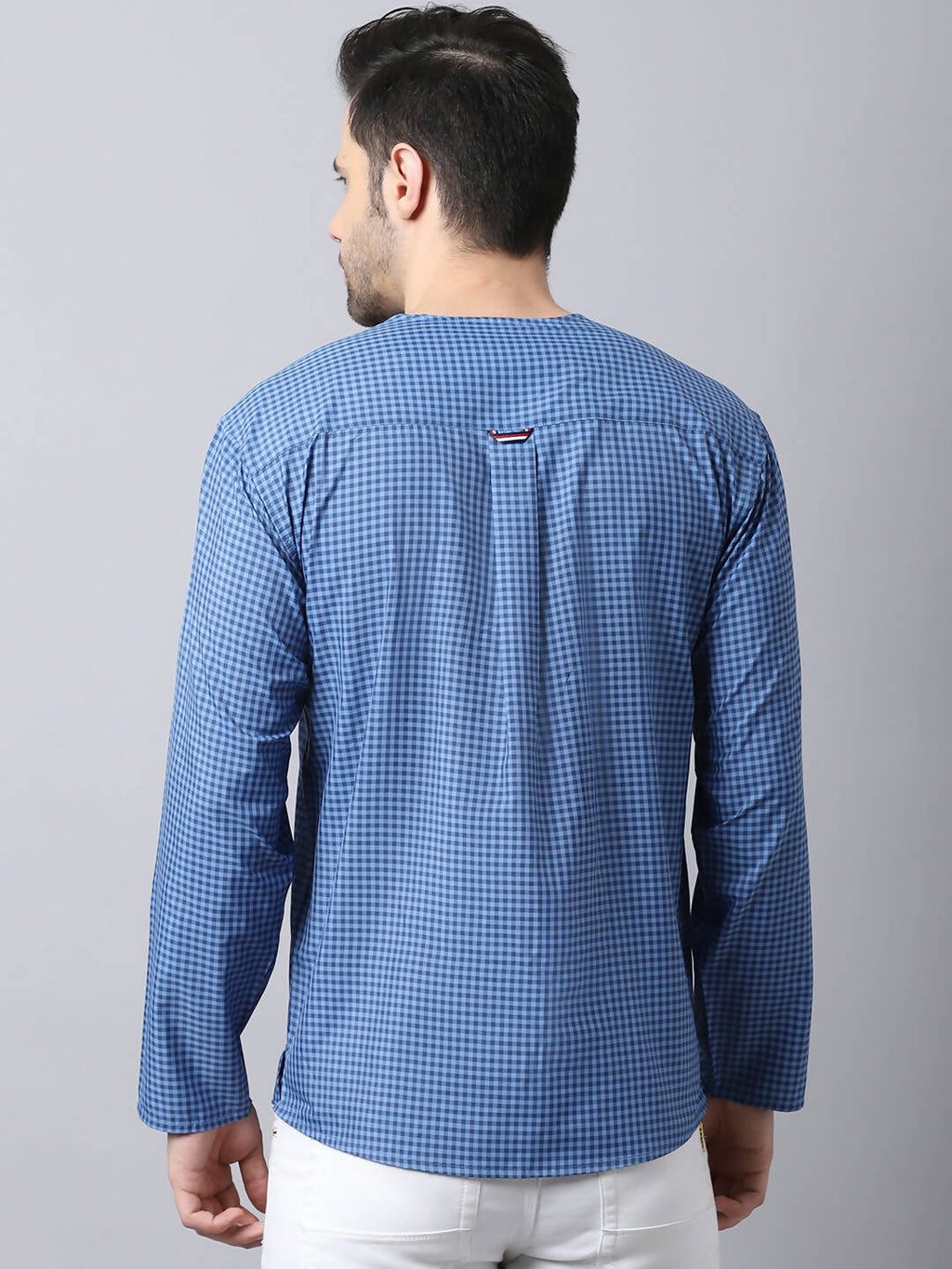 Even Apparels Blue Checked Men's Kurta With Band Collar - Distacart