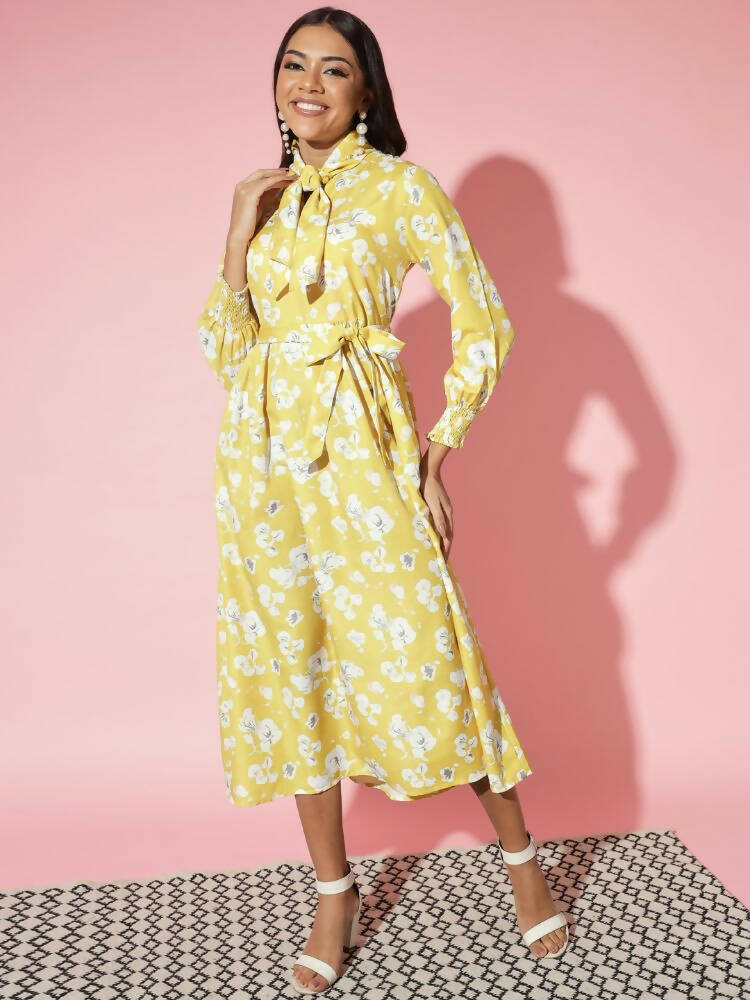 Myshka Women Yellow Floral Rayon A-Line Shirt Collar Dress - Distacart