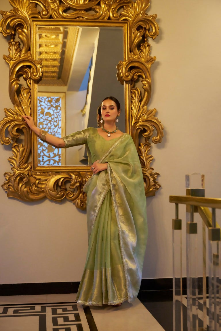 Vastranavya Pista Tissue Shimmer Zari Weaving Work Saree with Unstitched Blouse