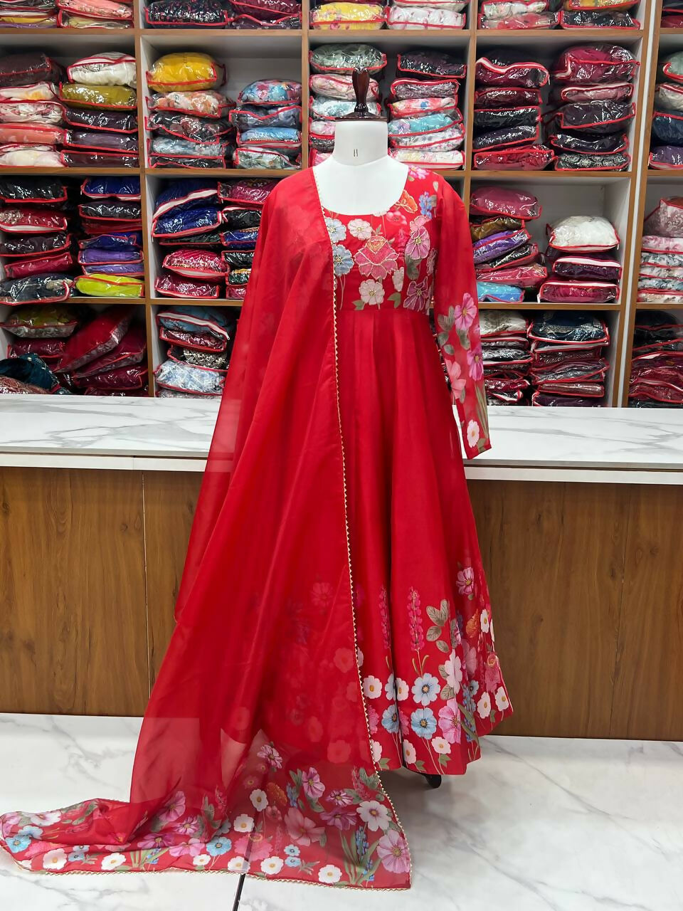 The52 Women's Gorgeous Floral Printed Organza Silk Fabric Flared Anarkali Pant and Dupatta Set - Distacart