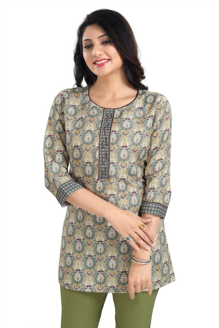 Snehal Creations Pretty Pastle Variyali Green Rayon Short Kurti Tunic Top