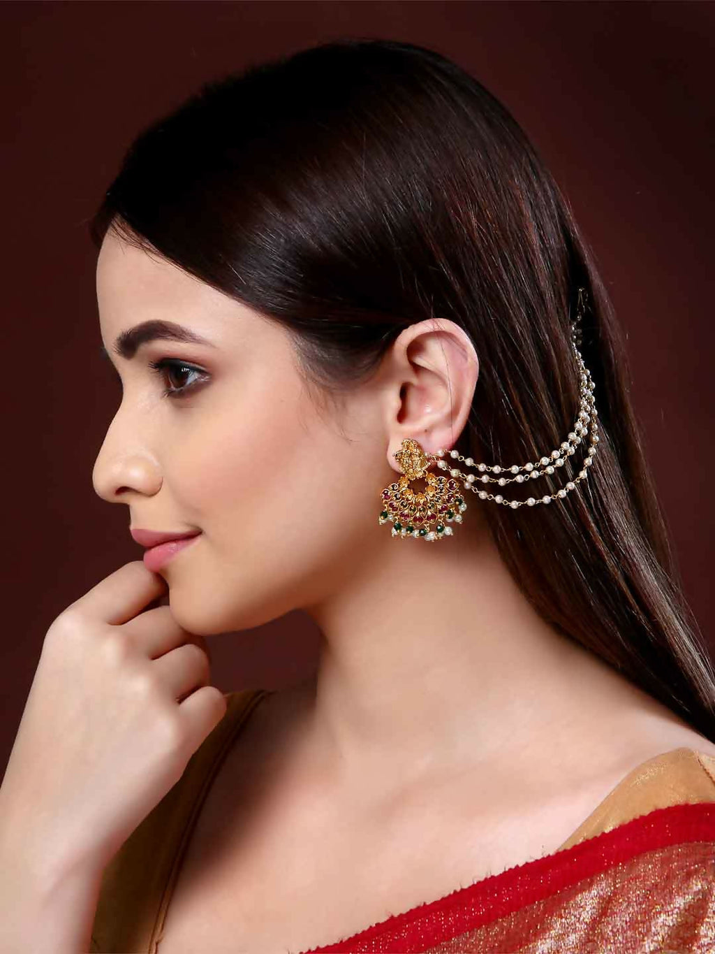 NVR Pearl Studded Classic Gold-Polished 3 Line Ear Chain Ear Cuff