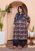 Miravan Womens Plus Size Cotton Floral Printed Shirt-Collar Straight Kurta and Palazzo set