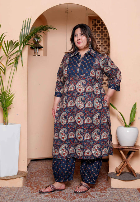Miravan Womens Plus Size Cotton Floral Printed Shirt-Collar Straight Kurta and Palazzo set