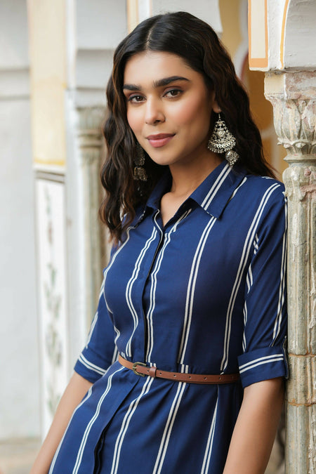 Juniper Women's Navy Rayon Staple Printed A-Line Dress