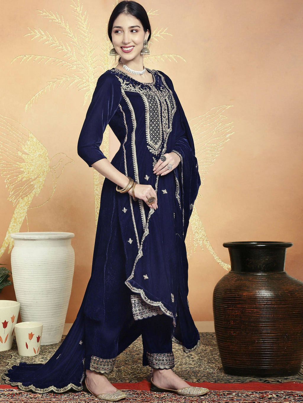 Jyoti Fashion Women's Navy Blue Velvet Cording with Resham Thread & Sequin Kurta with Trouser & Dupatta