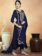 Jyoti Fashion Women's Navy Blue Velvet Cording with Resham Thread & Sequin Kurta with Trouser & Dupatta