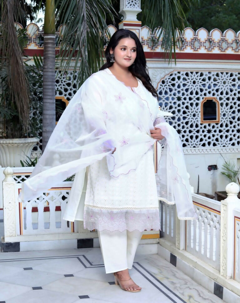 Miravan Women's Plus Size Organza Cotton Chikankari Embroidered With Purple Sequence work Jaipuri Suit Set