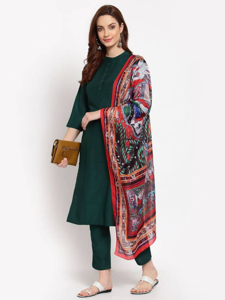 Myshka Women's Green Solid Cotton 3/4 Sleeve Mandarin Neck Casual Kurta Pant Dupatta Set