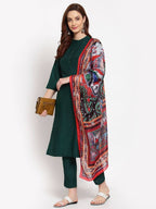Myshka Women's Green Solid Cotton 3/4 Sleeve Mandarin Neck Casual Kurta Pant Dupatta Set