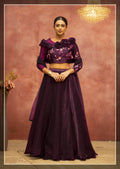 Wine Satin Silk Semi-Stitched Bridal Lehenga - Nimaya Bonanza
