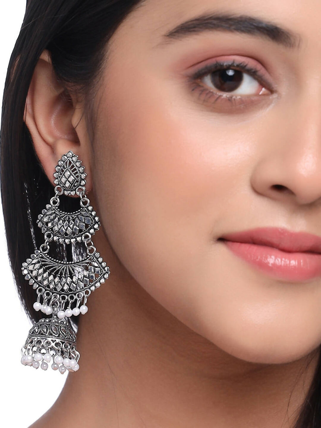 NVR Women Silver Toned Contemporary Jhumka Earrings - Distacart