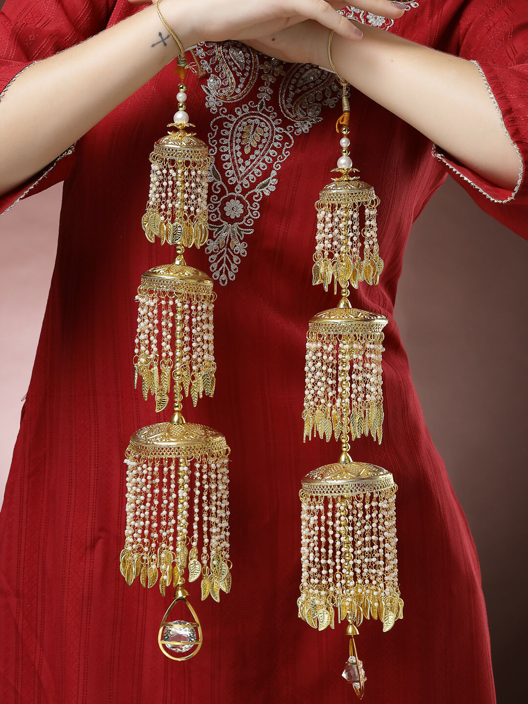 NVR Women's Pack Of 2 Gold-Polished & White Pearl Beaded Bridal Layered Heavy Kaleera Sets - Distacart