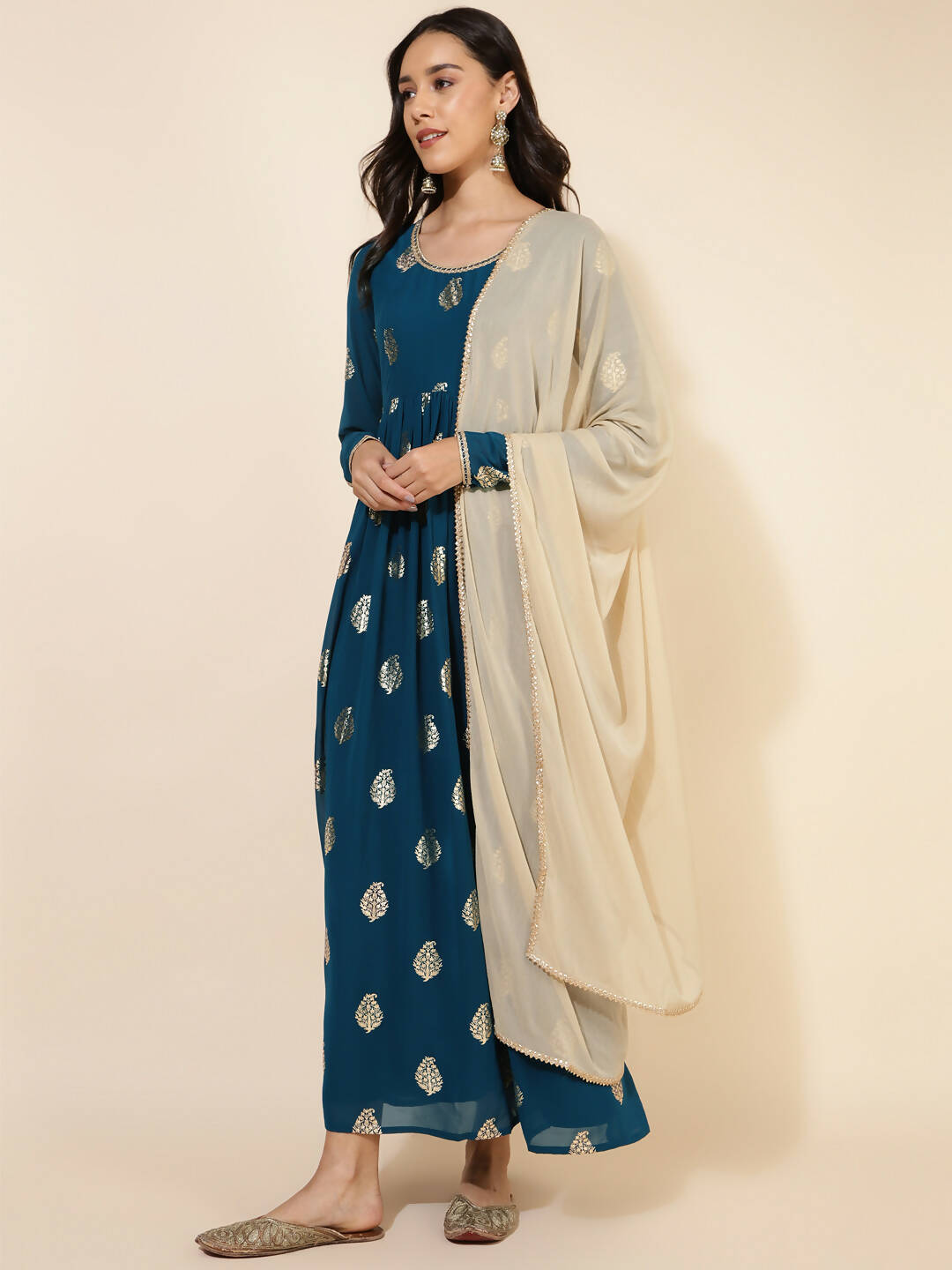 Janasya Women's Teal Blue Georgette Foil Printed Festive Flared Kurta Set