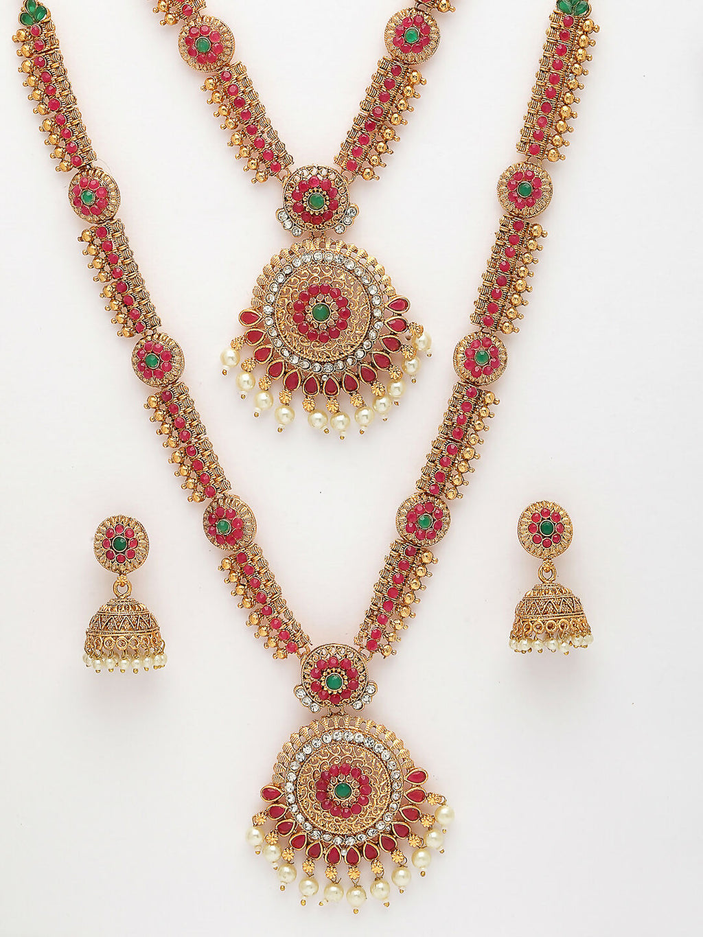 NVR Women's Set Of 2 Green & Red Stone Studded & Beaded Gold-Polished Temple Jewellery Set