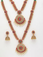 NVR Women's Set Of 2 Green & Red Stone Studded & Beaded Gold-Polished Temple Jewellery Set