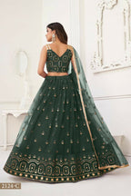 Aastha Fashion Dark Green Butterfly Net Tone To Tone Thread Work And Sandwich Sequence Work Embroidery Wedding Wear Lehenga Choli