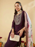 The52 Women's Beautiful Chanderi Silk Fabric Embroidery Work Straight Kurta Pant and Dupatta Set - Distacart