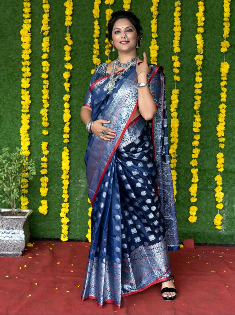 Jyoti Fashion Women's Navy Blue Soft Handloom Silk Zari Woven Saree with Blouse