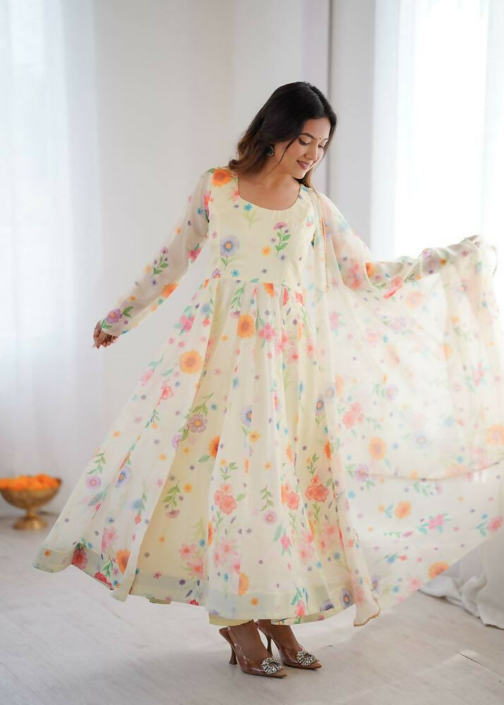 Teeya Creation Off White Soft Organza Digital Printed Party Wear Long Gown - Distacart