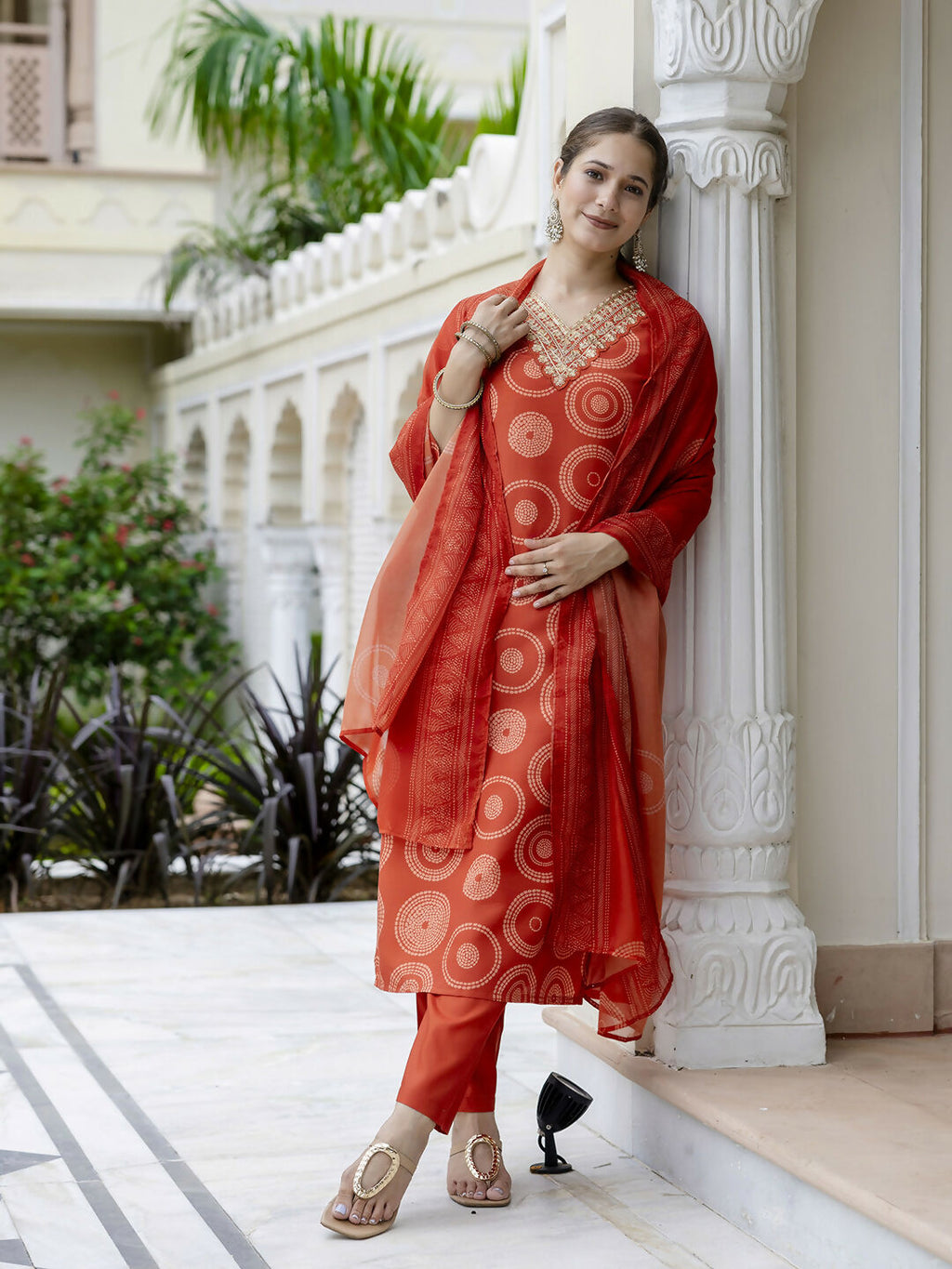The52 Orange Women's Gorgeous Rayon Embroidered Straight Kurta with Pant And Dupatta Set - Distacart