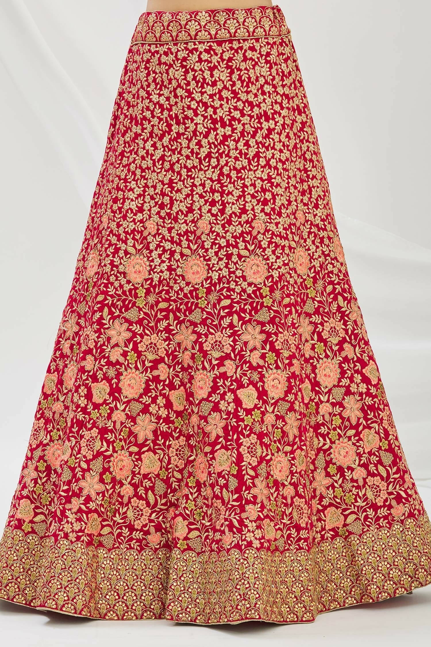 Red Velvet Semi-Stitched Wedding Bridal Lehenga - Nimaya