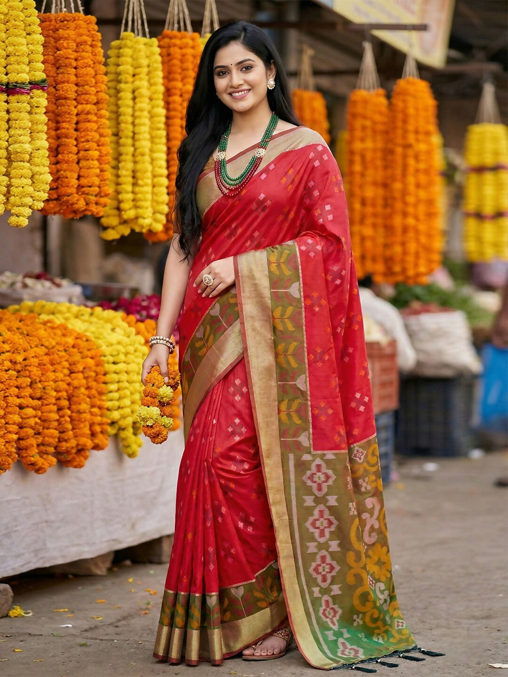 Shree Shyam Fashion Red Pochampally Silk Saree - Distacart