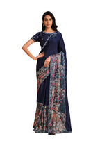 Blue Satin Crepe Silk Sequence Embroidered Saree With Unstitched Blouse - Mohmanthan Yavanika