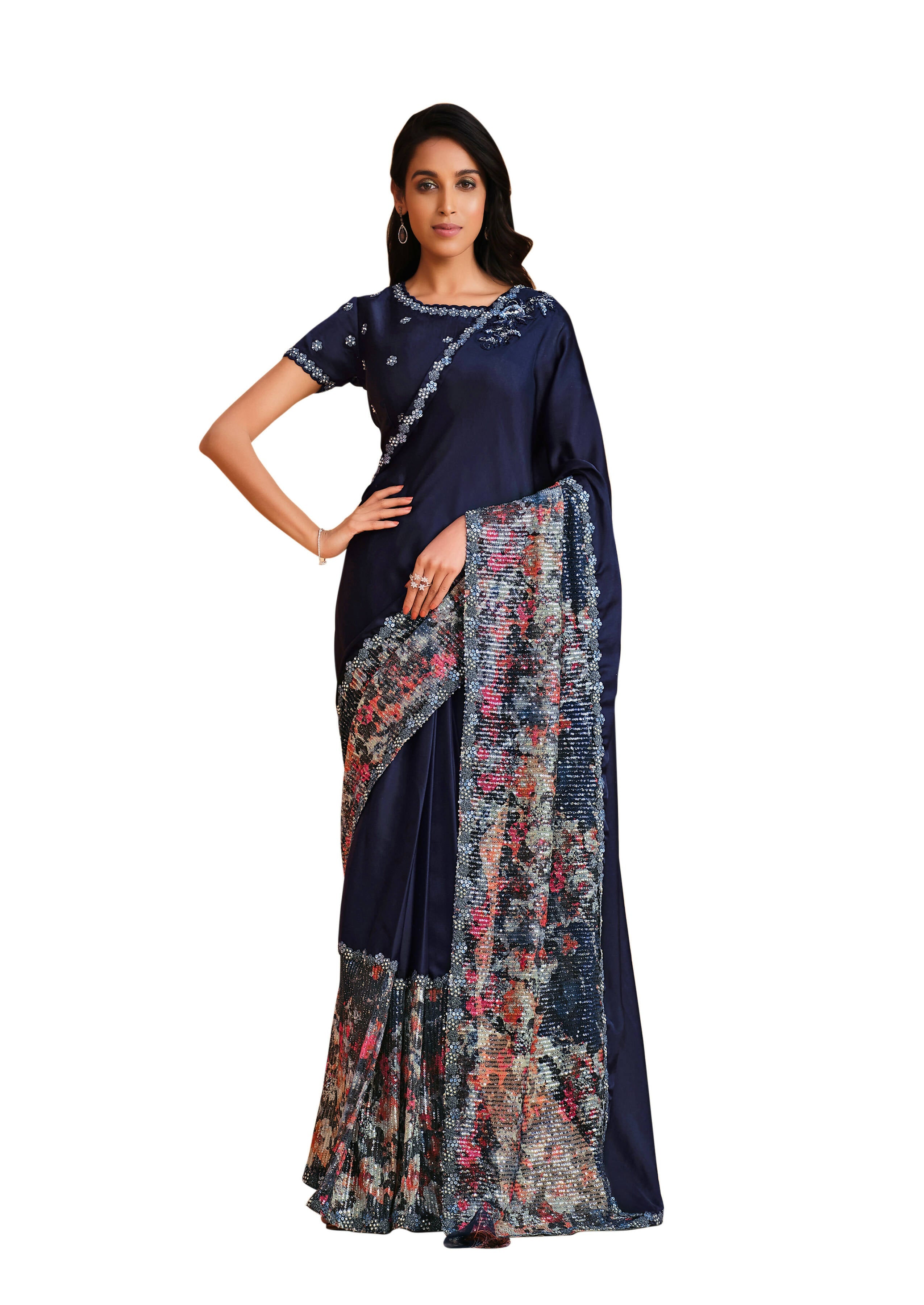 Blue Satin Crepe Silk Sequence Embroidered Saree With Unstitched Blouse - Mohmanthan Yavanika