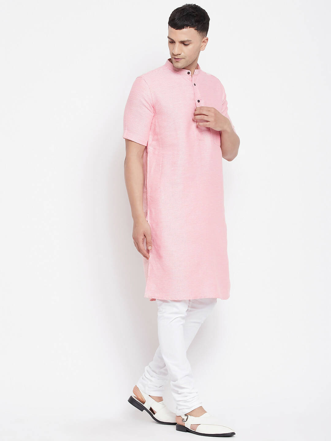 Even Apparels Pink Pure Cotton Men's H/S Kurta With Band Collar - Distacart
