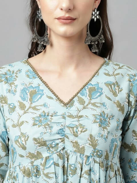 FIORRA Women's Sky Blue Pure Cotton Flared Kurta Set