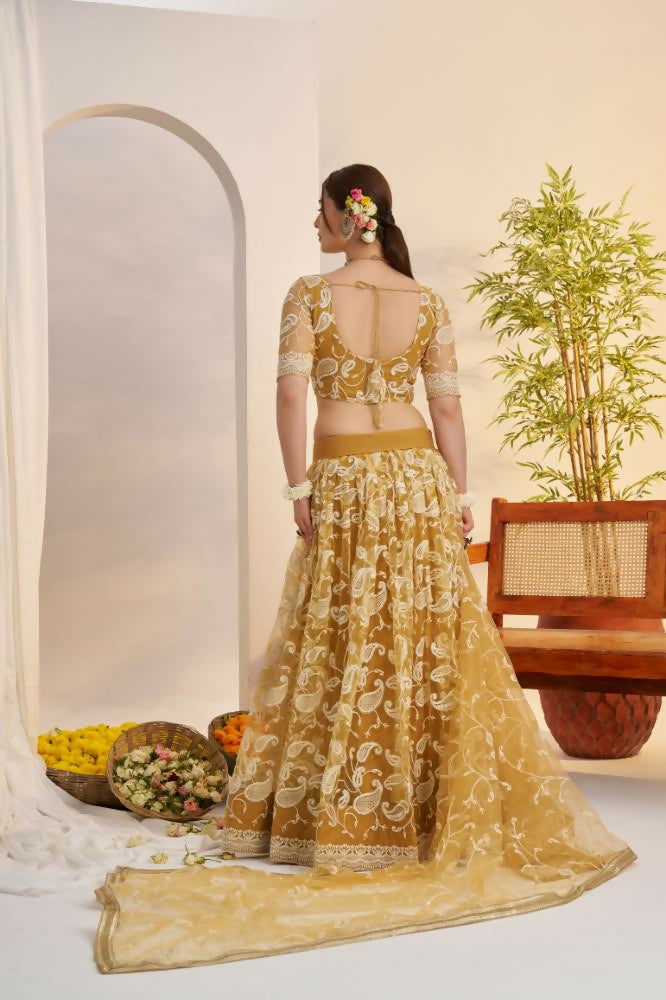 Aastha Fashion Light Golden Butterfly Net White Cotton Thread Work And Sequence Work Embroidery Wedding Wear Lehenga Choli
