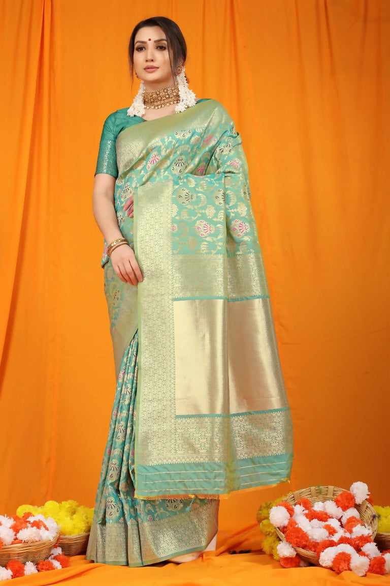Jyoti Fashion Women's Sea Green Kanjivaram Silk Zari Woven Saree with Blouse - Distacart