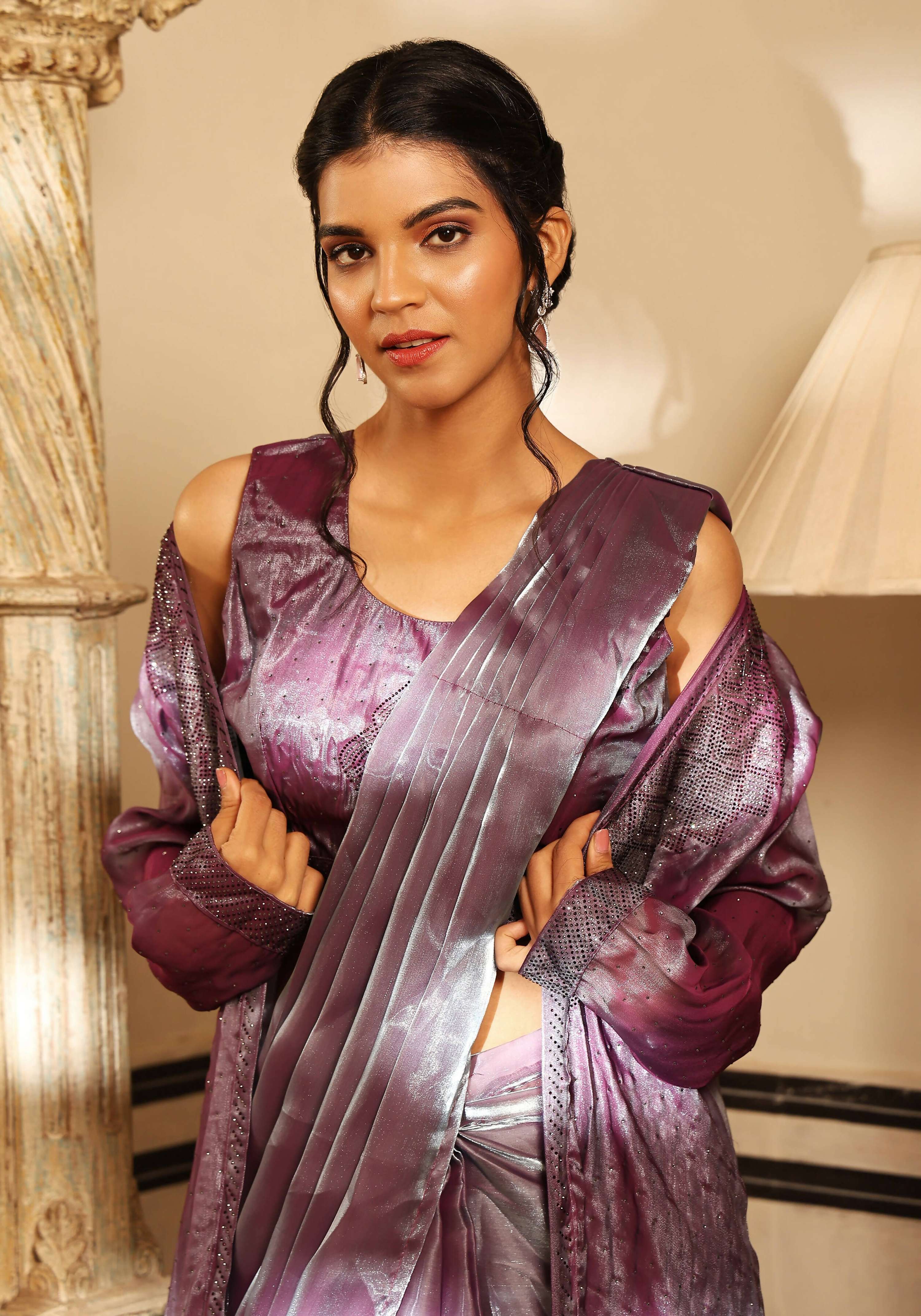 Lavender Tom Silk Plain Ready To Wear Saree With Stitched Blouse - Satiksha