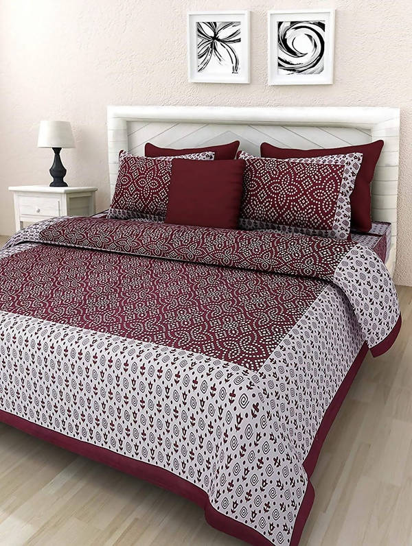 Vamika Printed Cotton White & Red Bedsheet With Pillow Covers (LEOC_CHUN_MR)