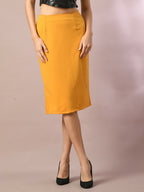 Myshka Women's Yellow Solid Knee Length Party Embellished Skirts