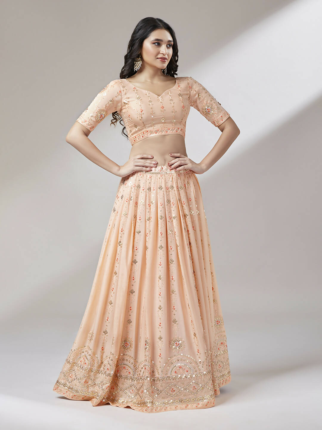 House of Panchhi Women Peach Pure Georgette Embroidered Lehenga & Blouse, Dupatta
