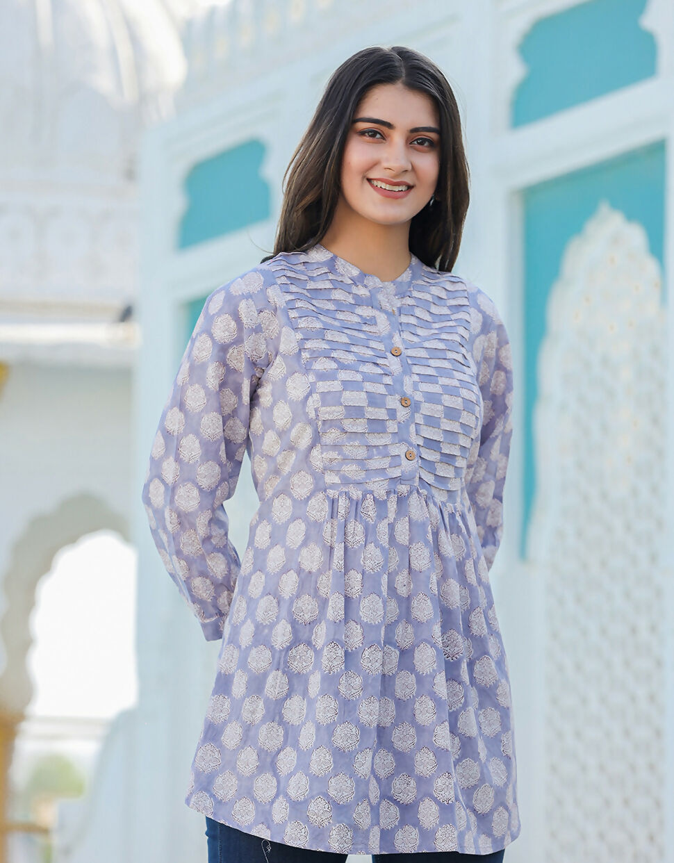 Kaajh Women's Grey Hand Block Printed Cotton Top
