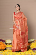 Very Much Indian Rajsi - Handloom Ari Checks Cotton Silk Saree With Golden Border - Orange