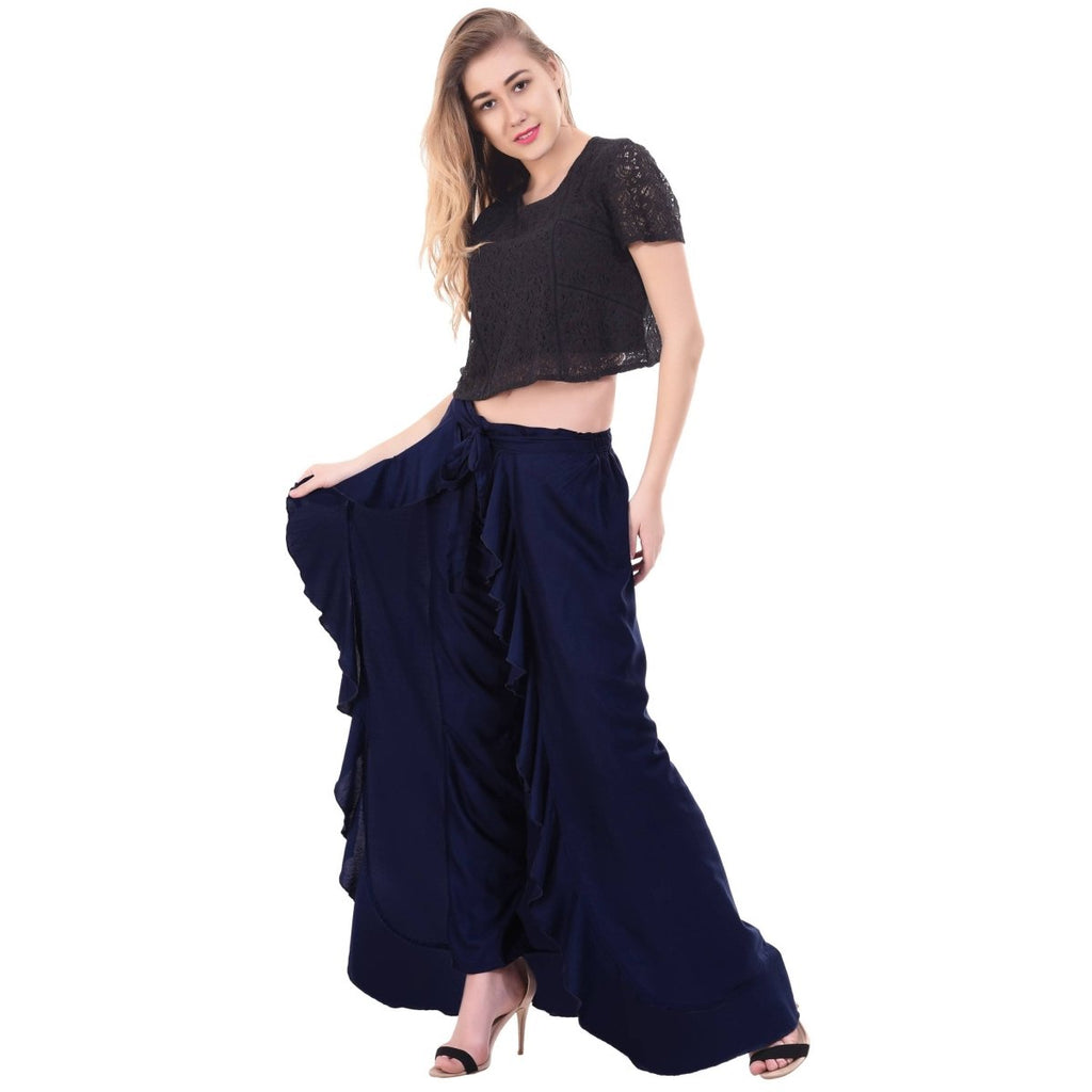 Asmaani Navy Blue Color Plain Ruffle Palazzo
