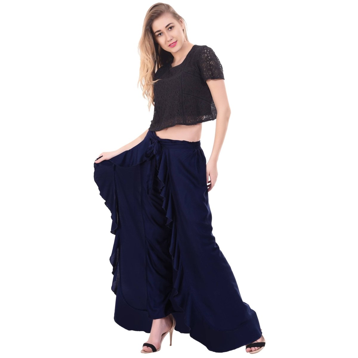 Asmaani Navy Blue Color Plain Ruffle Palazzo