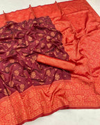 DEIANA'S Beautiful Designer Golden zari Soft Lichi Silk Saree - Maroon