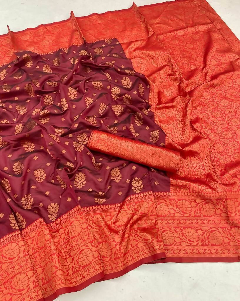 DEIANA'S Beautiful Designer Golden zari Soft Lichi Silk Saree - Maroon