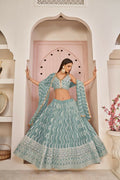 Aastha Fashion Ocean Blue Butterfly Net White Cotton Thread Work, Zari Work And Sandwich Sequence Work Embroidery Wedding Wear Lehenga Choli
