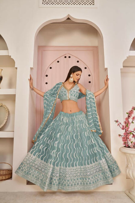 Aastha Fashion Ocean Blue Butterfly Net White Cotton Thread Work, Zari Work And Sandwich Sequence Work Embroidery Wedding Wear Lehenga Choli
