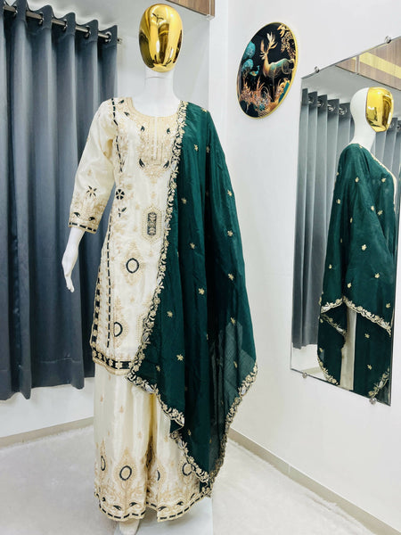 Teeya Creation Green Color Chinon Silk Party Wear Trending Palazzo Set