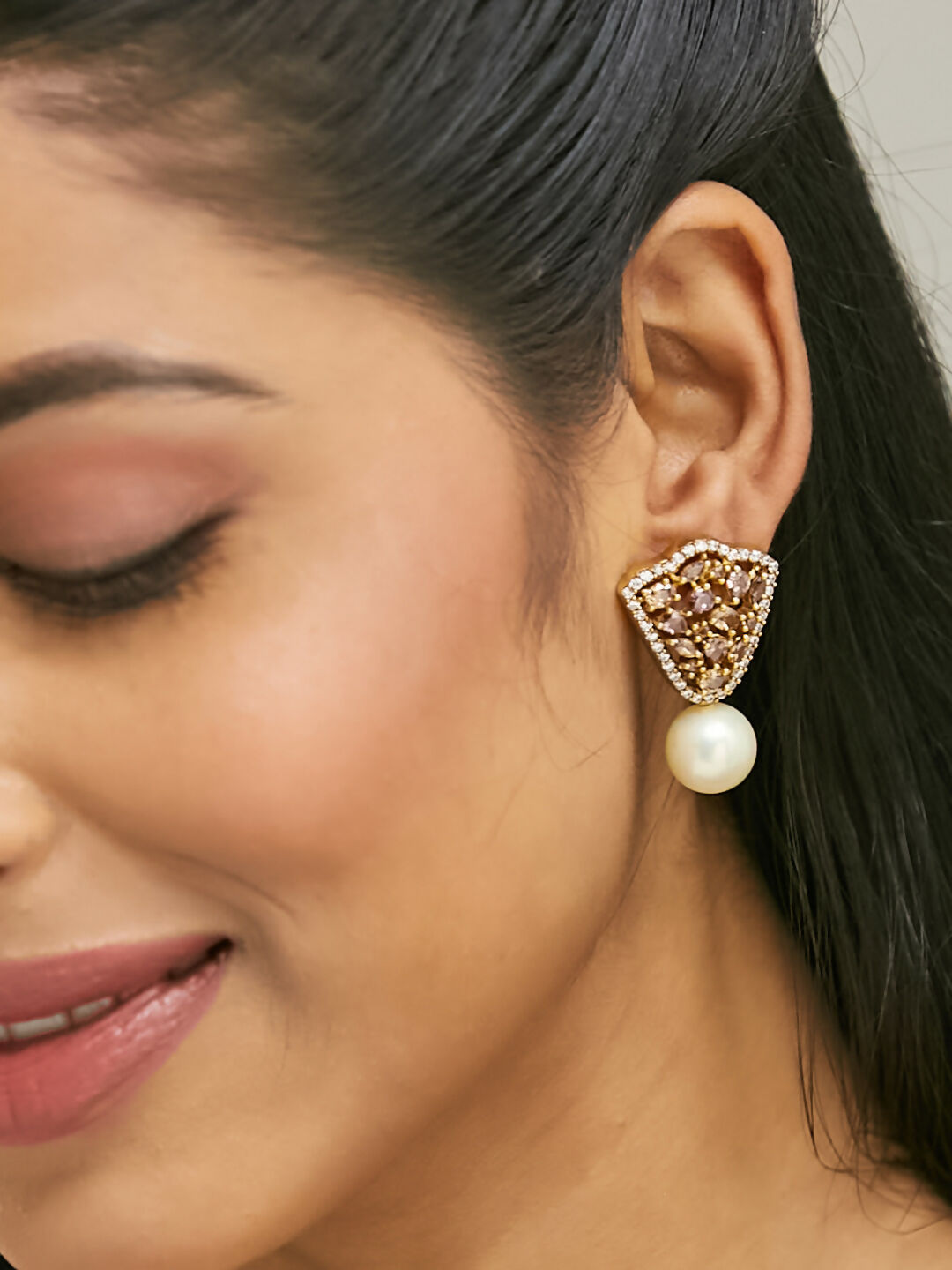 Nuyug 22K Gold-Plated Elegant Zircon Stone Studded & Pearls Drop Stud Earrings - Distacart